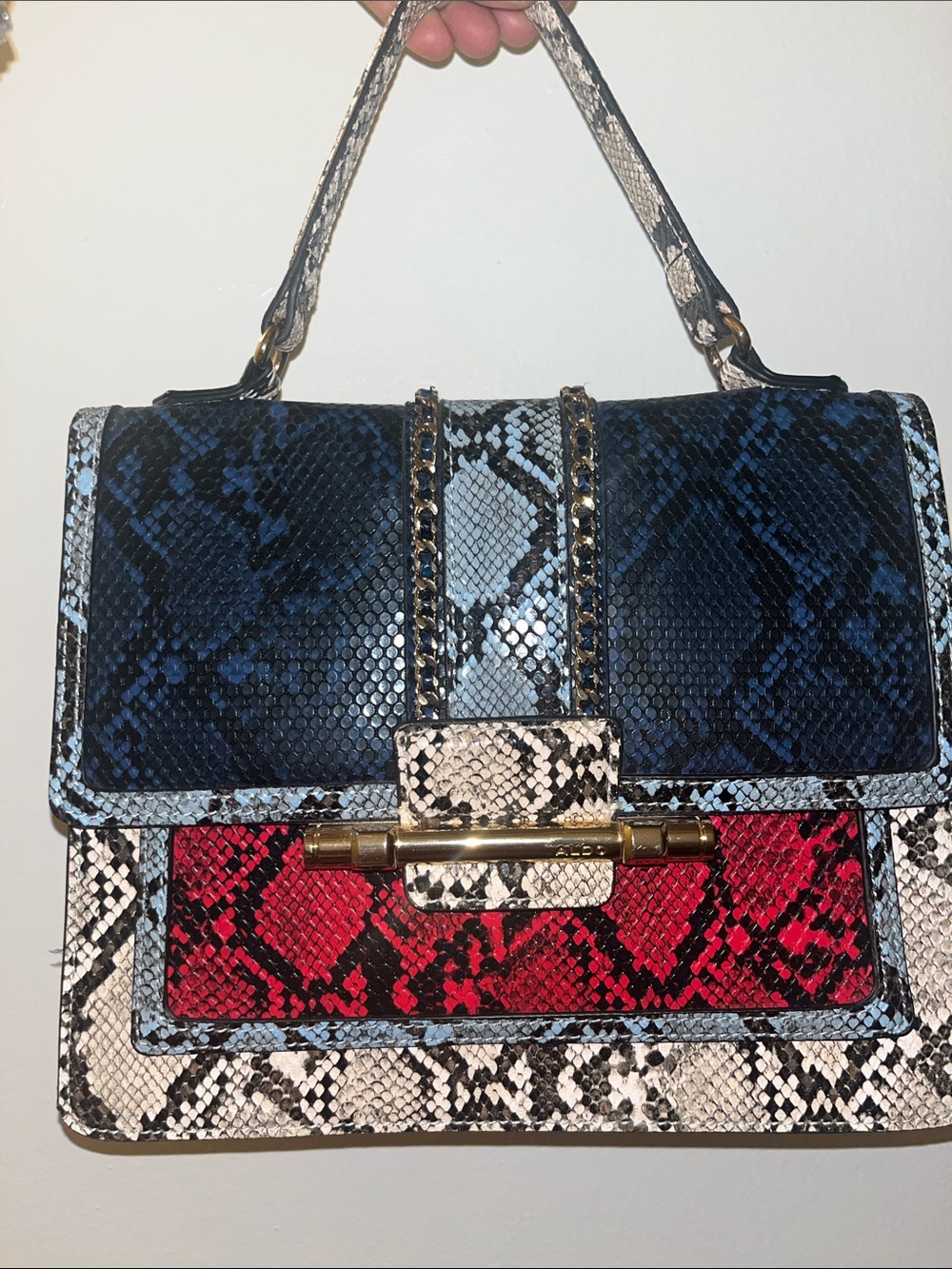 Multicolor Snake-Print Top-Handle Bag - Blue, Red, White